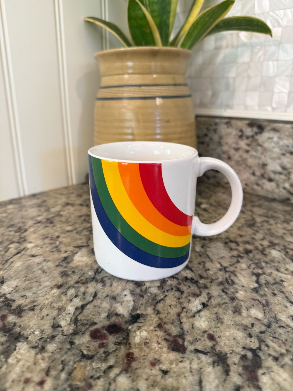 White Vintage Ceramic Rainbow Stripe Coffee Mug